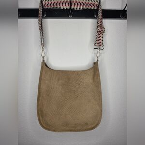 Neutral Suede Crossbody Bag with Patterned Strap